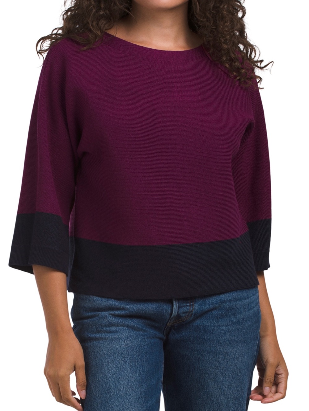 Cable & Guage Women's Two-Tone Boatneck Sweater in Berry and Black